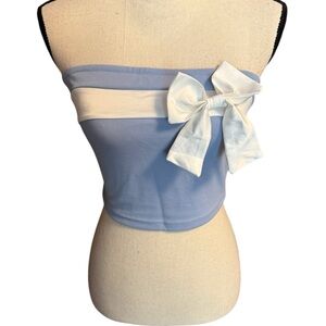 Blue and White Strapless Crop Top with Bow